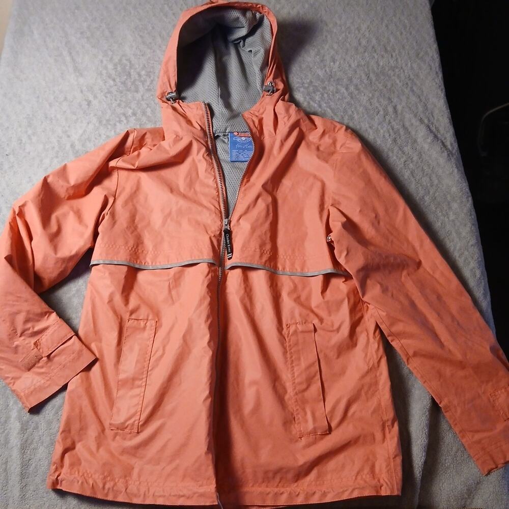 CHARLES RIVER Apparel For Her Hooded Reflective Trim Rain Jacket Sz M Pink